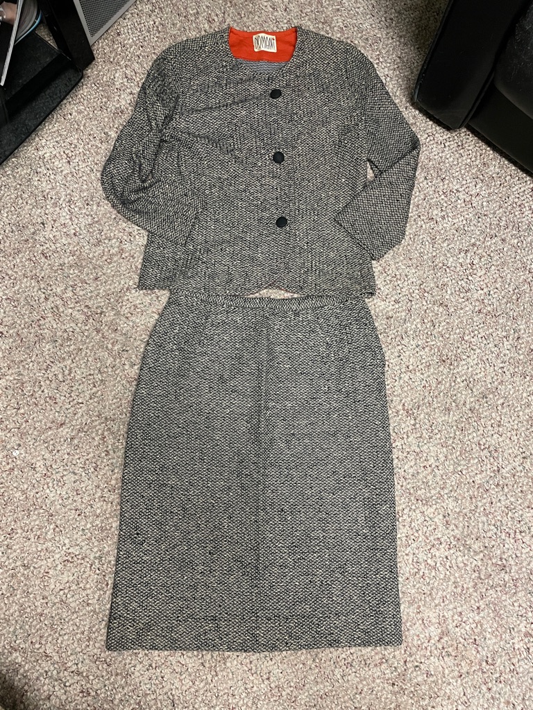 Vintage Classic Tweed Wool Black & White Fleck Blazer/Skirt Suit Set